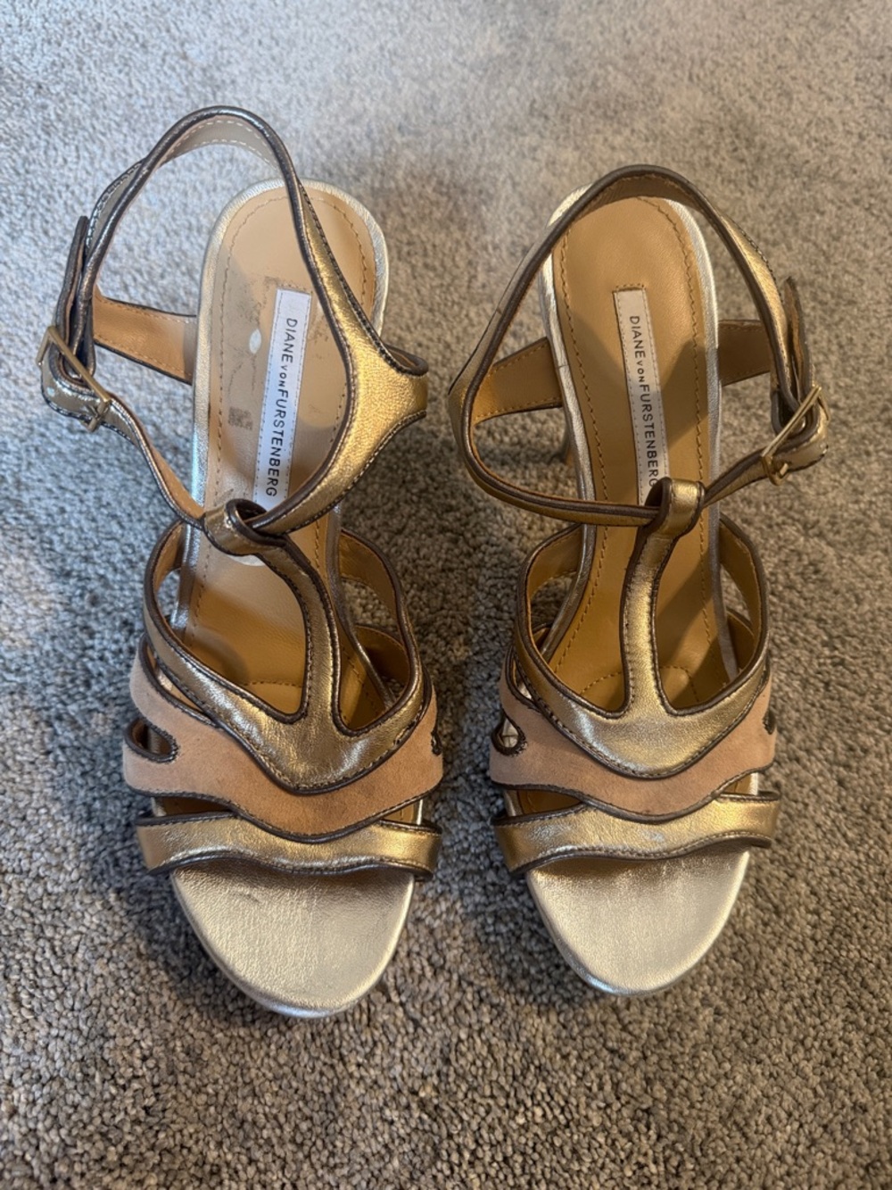 Diane Von Furstenberg Gold and Nude Strappy Slingback Heels
